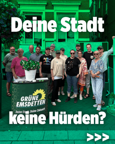 Ein Wahlstand auf dem Markt mit vielen grünen Kandidierenden. Darauf ein Text "Deine Stadt - keine Hürden?"